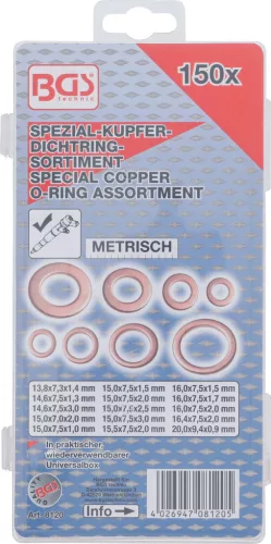 BGS technic 150 darabos réz alátét készlet befecskendező szelepekhez (BGS 8120)