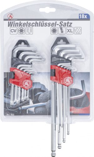 BGS DIY Torx+Imbusz készlet " L" profil | hosszú | T-Star (Torxhoz) T10 - T50 / Belső hatszög 1,5 - 10 mm | 18 db. (BGS 822)