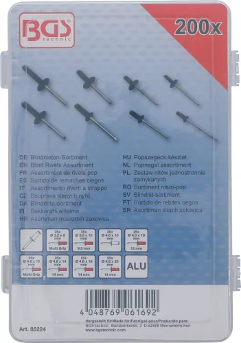 BGS technic Popszegecs készlet, Aluminium, 3,2-4,8 mm, 200 darabos (BGS 85224)