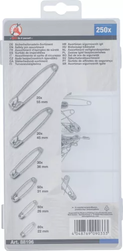 BGS DIY Biztosító angol tű / biztostű készlet 22–55 mm, 6 méret, 250 részes (BGS 88196)