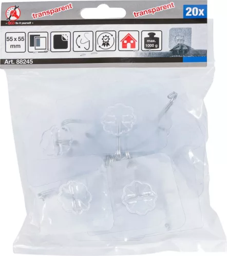 BGS DIY Öntapadós akasztó készlet | átlátszó | öntapadó | 20 darabos (BGS 88245)
