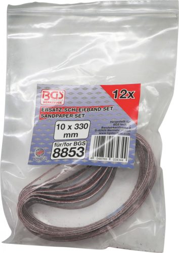 BGS technic 12 darab csiszolószalag, 10 x 330mm, használható a BGS 8853 pneumatikus szalagcsiszolóhoz (BGS 8853-1)