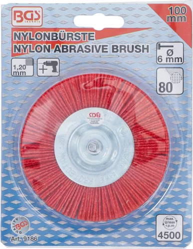 BGS technic Nylon szálas forgókefe, 100 mm-es átmérő, 6 mm-es tengely (BGS 9186)