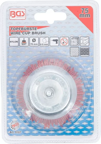 BGS technic Nylon szálas forgókefe, 75 mm-es átmérő, 6 mm-es tengely (BGS 9187)