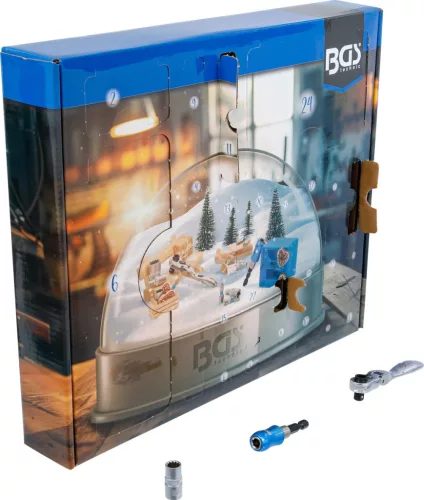BGS technic Szerszámos adventi naptár 1/4” racsnival, 4–14 mm dugókulcsokkal és bitkészlettel (95010)