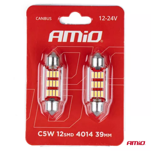 AMiO LED CANBUS 4014 12SMD szofita C5W C10W C3W 39mm fehér 12V/24V (01290)
