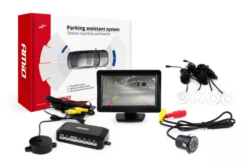 AMiO parkolóradar 4 fehér érzékelővel, TFT01 4,3 hüvelykes kijelzővel és CAM-308 LED éjjellátó kamerával, 18 mm (01557)