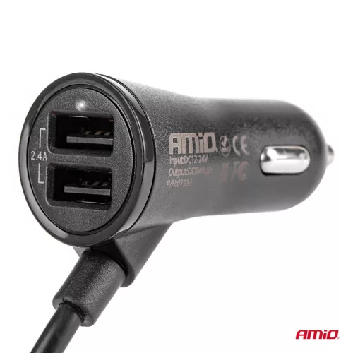 AMiO autós telefontöltő előre és hátra, hosszabbítókábellel, 4 USB (01986)
