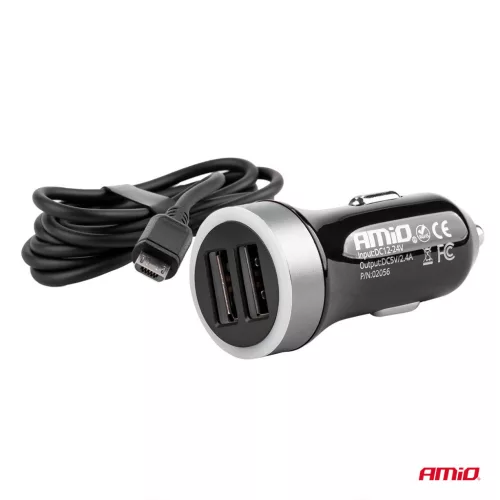 AMiO autós töltő PCH PRO-01 microUSB+2xUSB 2.4A 12/24V (02056)