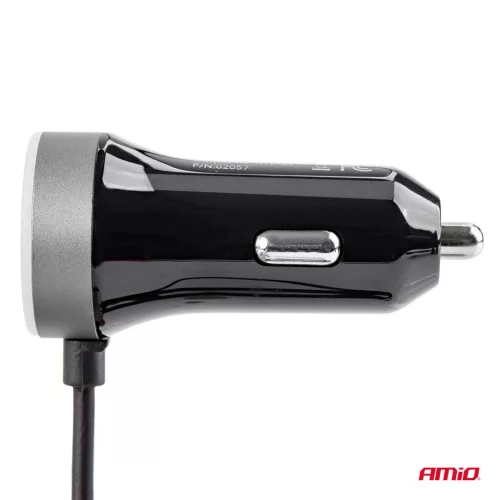 AMiO autós töltő PCH PRO-01 microUSB+2xUSB 2.4A 12/24V (02056)