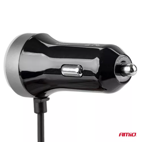 AMiO autós töltő PCH PRO-01 microUSB+2xUSB 2.4A 12/24V (02056)