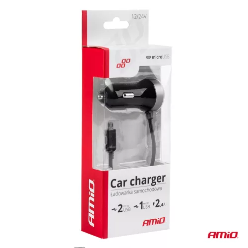 AMiO autós töltő PCH PRO-01 microUSB+2xUSB 2.4A 12/24V (02056)