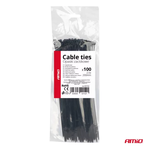 AMiO kábelkötegelő fekete 2,5x200mm - 100 db (02152)