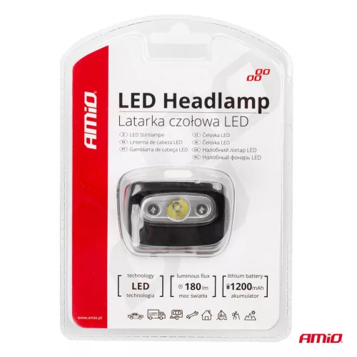AMiO újratölthető LED-fejlámpa, 3 W, 1200 mA, 180 Flux, IPX4 (02200)