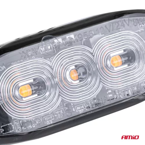 AMiO keskeny, hűtőrácsba szerelhető borostyánsárga LED-villogó, 3×3 W, R65/R10, 12/24 V, IP67 (02297)