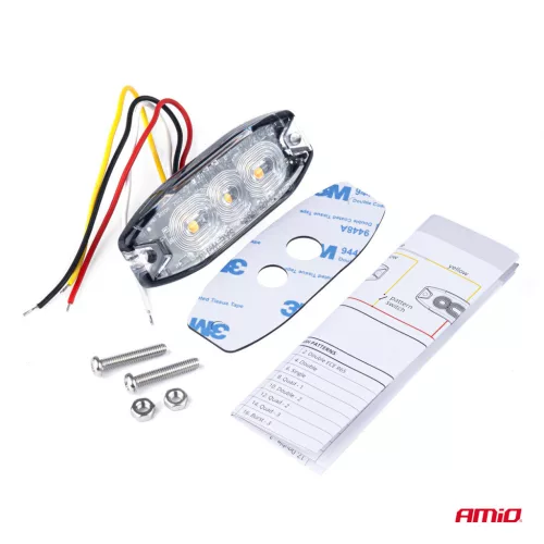 AMiO keskeny, hűtőrácsba szerelhető borostyánsárga LED-villogó, 3×3 W, R65/R10, 12/24 V, IP67 (02297)