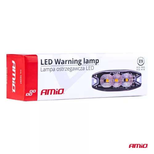 AMiO keskeny, hűtőrácsba szerelhető borostyánsárga LED-villogó, 3×3 W, R65/R10, 12/24 V, IP67 (02297)