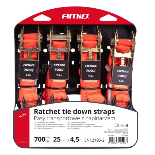 AMiO racsnis rakományrögzítő heveder készlet 700kg 25mm 4,5m 4 db BELT-03 (02496)