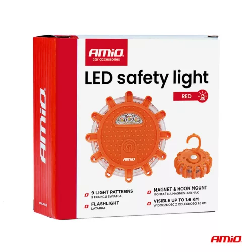 AMiO hordozható LED-es figyelmeztető és szerelőlámpa, 3×AAA, IP65, 12+3 SMD (02499)
