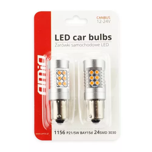 AMiO Żarówki LED CANBUS 3030 24SMD 1156 BAU15S PY21W borostyánsárga 12V/24V (02580)
