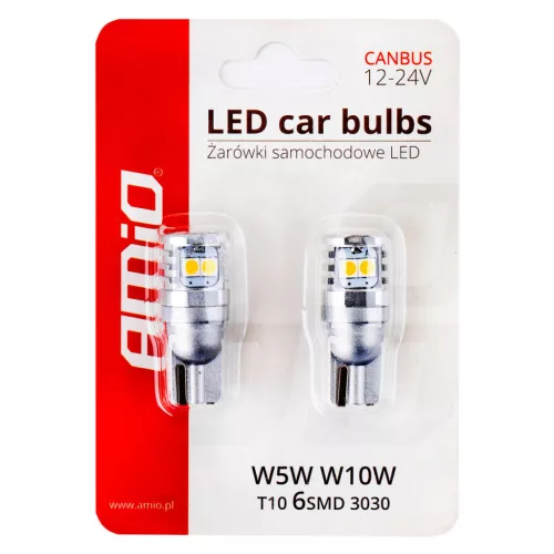 AMiO LED izzók CANBUS 3030 6SMD T10 W5W W10W fehér 12V/24V (02801)