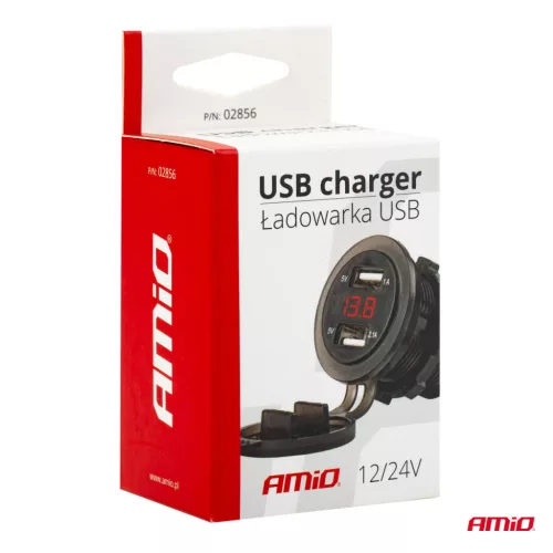 AMiO vízálló telefontöltő – digitális voltmérő 2xUSB 12/24V MOD-06 (02856)