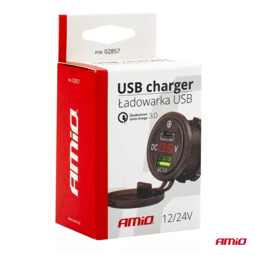 AMiO vízálló telefontöltő – digitális voltmérő USB + USB C 12/24V MOD-07 (02857)