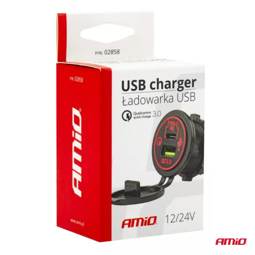 AMiO vízálló telefontöltő USB+USB-C 12/24V MOD-08 (02858)