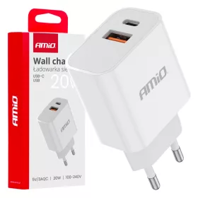   AMiO hálózati töltő PCH PRO-09 USB+USB-C 20W gyorstöltés 230V (02935)