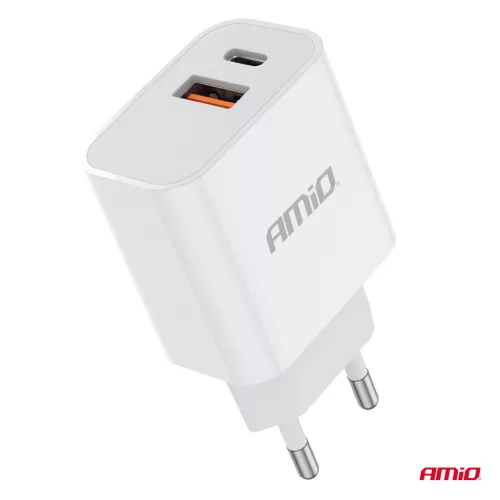 AMiO hálózati töltő PCH PRO-09 USB+USB-C 20W gyorstöltés 230V (02935)