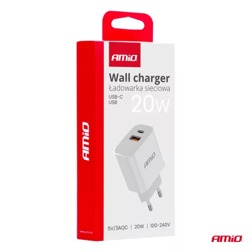 AMiO hálózati töltő PCH PRO-09 USB+USB-C 20W gyorstöltés 230V (02935)