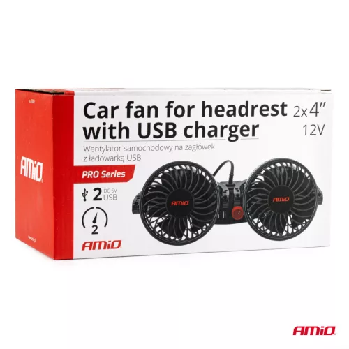 AMiO autós ventilátor – fejtámla – USB töltő 2x4" 12V (03009)