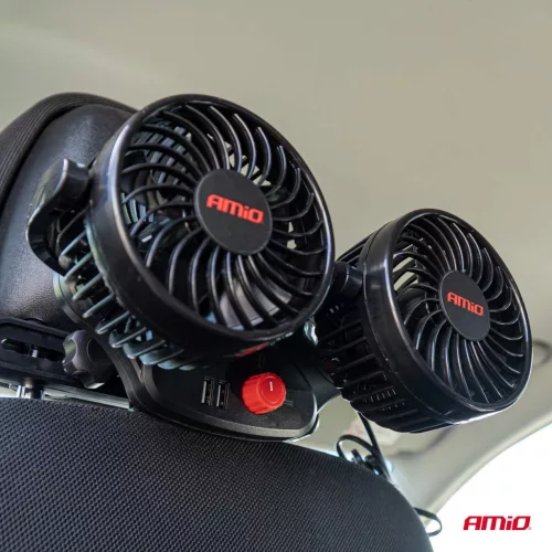 AMiO autós ventilátor – fejtámla – USB töltő 2x4" 12V (03009)