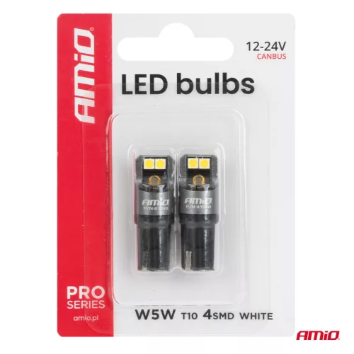 AMiO LED PRO sorozat T10 W5W 4x3030 SMD fehér 12/24V FULL CANBUS (03580)