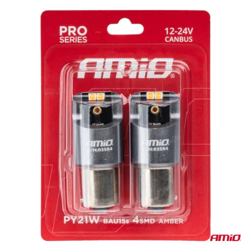 AMiO LED CANBUS PRO sorozat PY21W 4x3030 SMD borostyánsárga 12V 24V (03584)