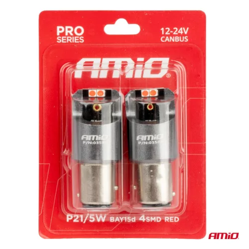 AMiO LED CANBUS PRO sorozat BAY15D P21/5W 4x3030 SMD piros 12/24V (03586)