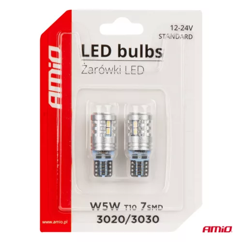 AMiO LED izzók STANDARD T10 W5W 6x3020 + 1x3030 SMD fehér 12V/24V (03718)
