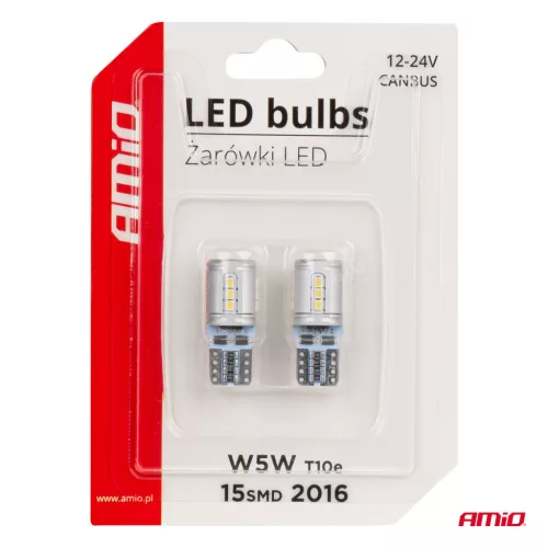 AMiO LED izzók CANBUS T10e W5W 15x2016 SMD fehér 12V/24V (03723)