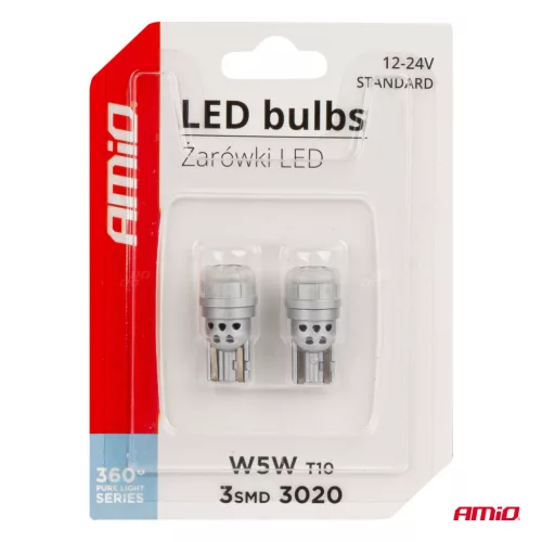 AMiO LED izzók 360 Pure fény sorozat STANDARD T10 W5W 3x3020 SMD fehér 12V/24V (03725)