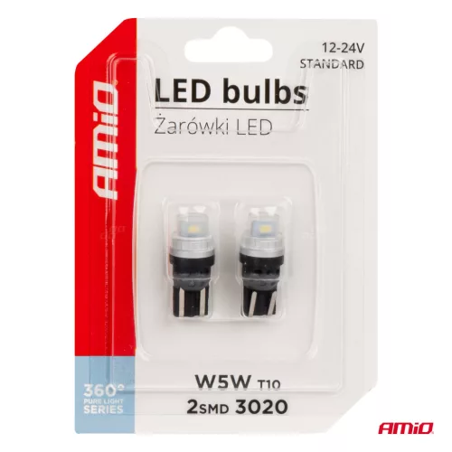 AMiO LED izzók 360 Pure fény sorozat STANDARD T10 W5W 2x3020 SMD fehér 12V/24V (03726)