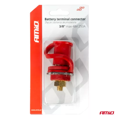 AMiO piros pozitív akkumulátor-tápcsatlakozó védősapkával 3/8 M10 12V 24V 48V 250A (03814)