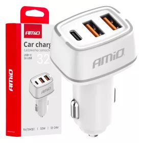 AMiO autós töltő 2x USB-A + USB-C 32W 12/24V (03890)