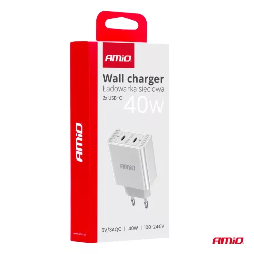 AMiO hálózati töltő 2xUSB-C 40W gyorstöltés 230V (03892)