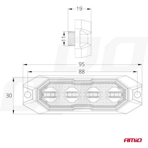 AMiO keskeny, hűtőrácsba szerelhető borostyánsárga LED-villogó, 4×3 W, R65/R10, 12/24 V, IP6K9K (03929)