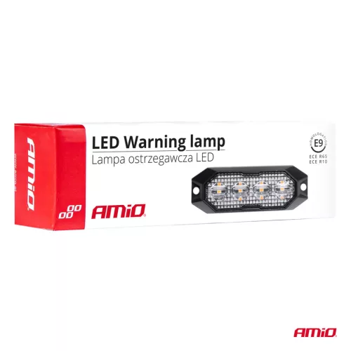 AMiO keskeny, hűtőrácsba szerelhető borostyánsárga LED-villogó, 4×3 W, R65/R10, 12/24 V, IP6K9K (03929)