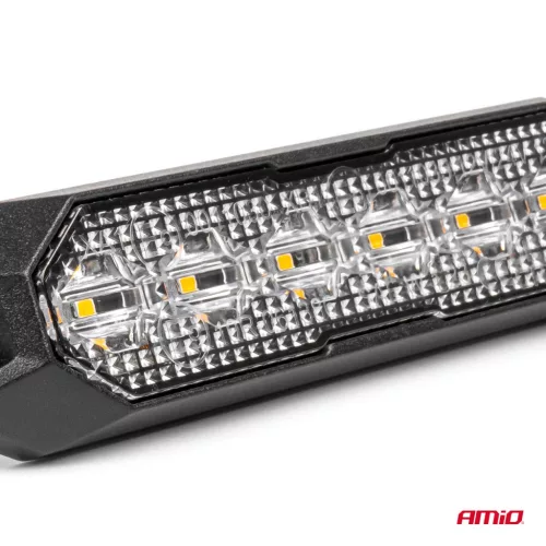 AMiO keskeny, hűtőrácsba szerelhető borostyánsárga LED-villogó, 6×3 W, R65/R10, 12/24 V, IP6K9K (03930)