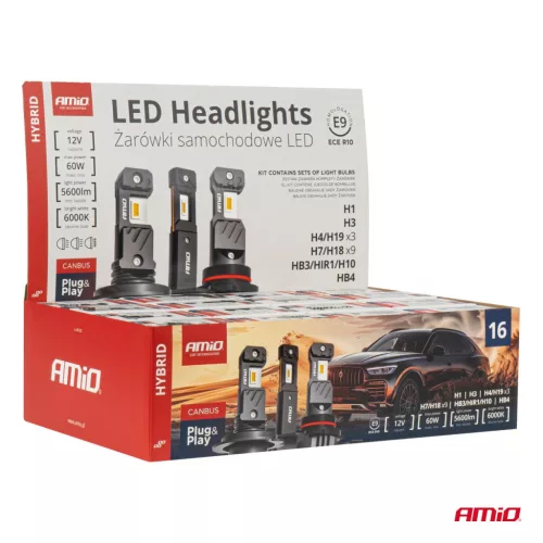 AMiO LED fényszóróizzók Hybrid sorozat H1 H3 H4 H7 HB3 HB4 6000K CANBUS 16 készlet (04120)