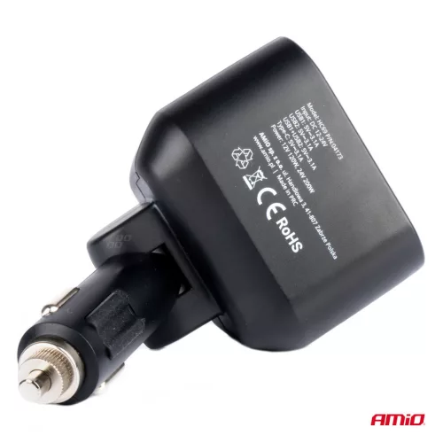 AMiO dupla szivargyújtó-elosztó 2xUSB 1xUSB C 12/24V max. 200W (04173)