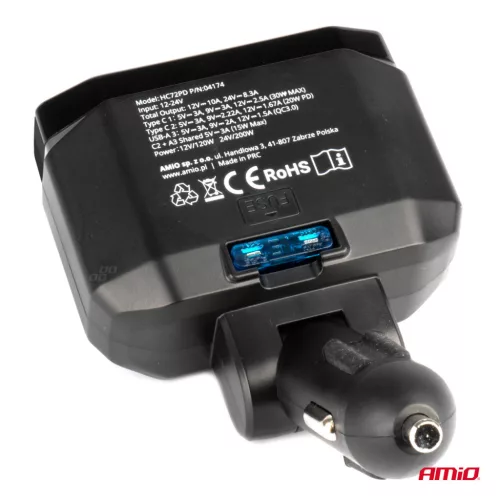 AMiO dupla szivargyújtó-elosztó PD30W PD20W QC3.0 12/24V max. 200W (04174)
