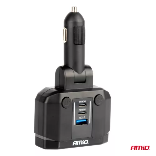 AMiO dupla szivargyújtó-elosztó PD30W PD20W QC3.0 12/24V max. 200W (04174)